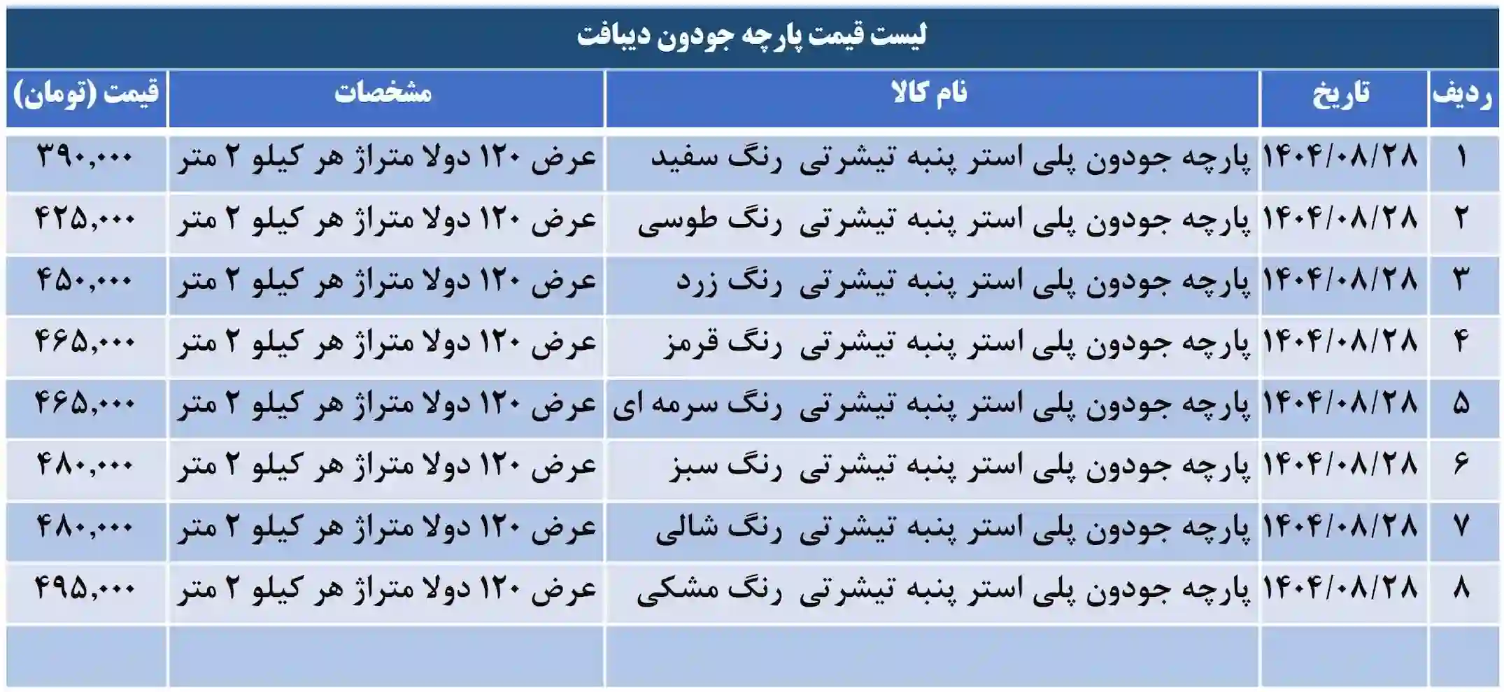 لیست قیمت پارچه جودون دیبافت 28 آبان