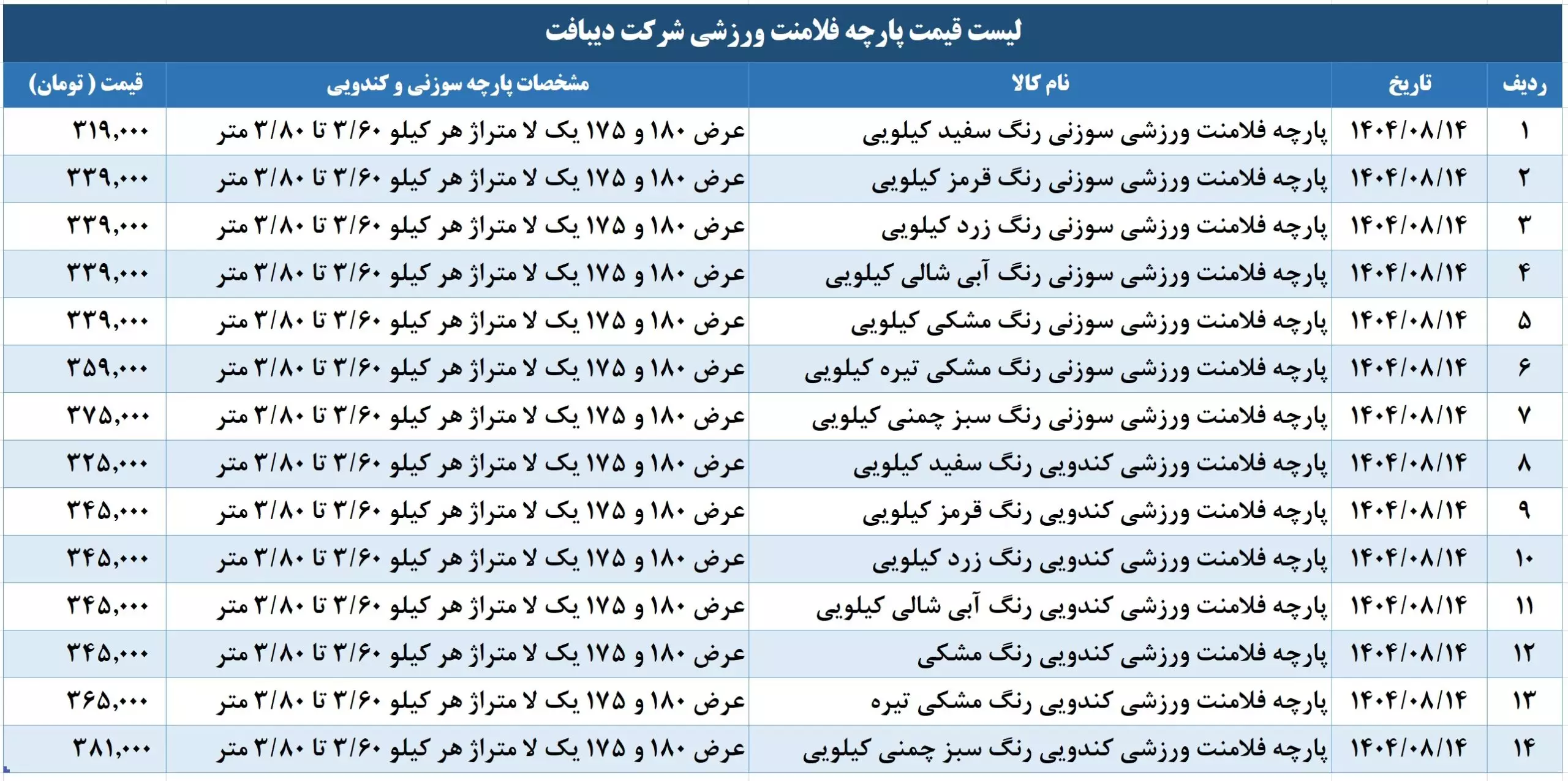 لیست قیمت پارچه فلامنت ورزشی دیبافت 14040814